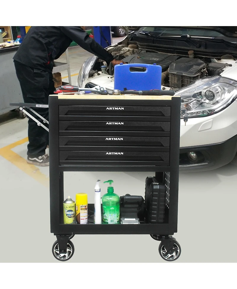 Streamdale Furniture 4 Drawers Multifunctional Tool Cart With Wheels And Wooden Top