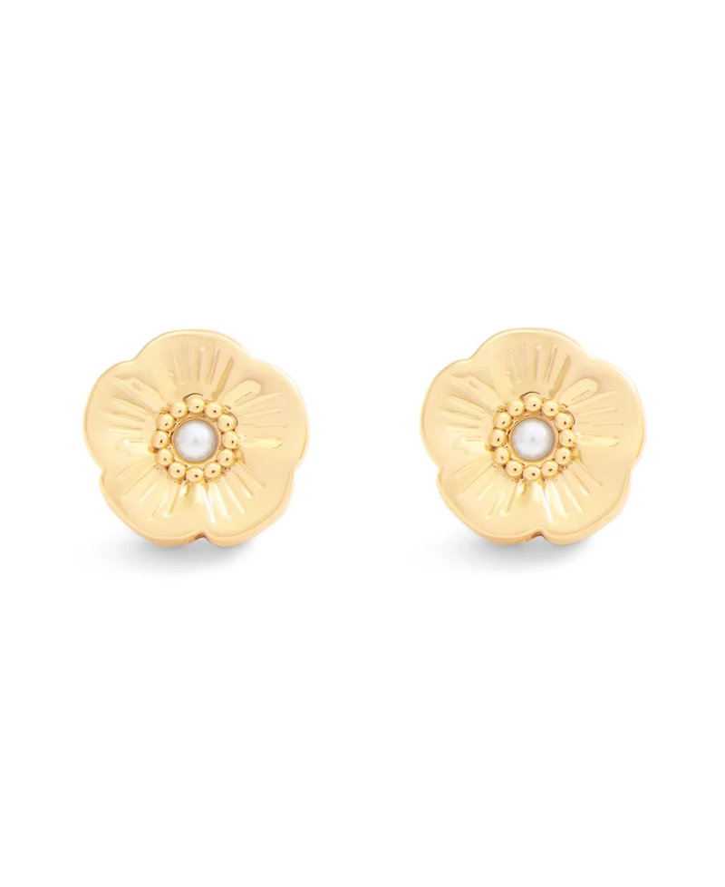 Coach Faux Cultivated Pearl Signature Heritage Tea Rose Stud Earrings