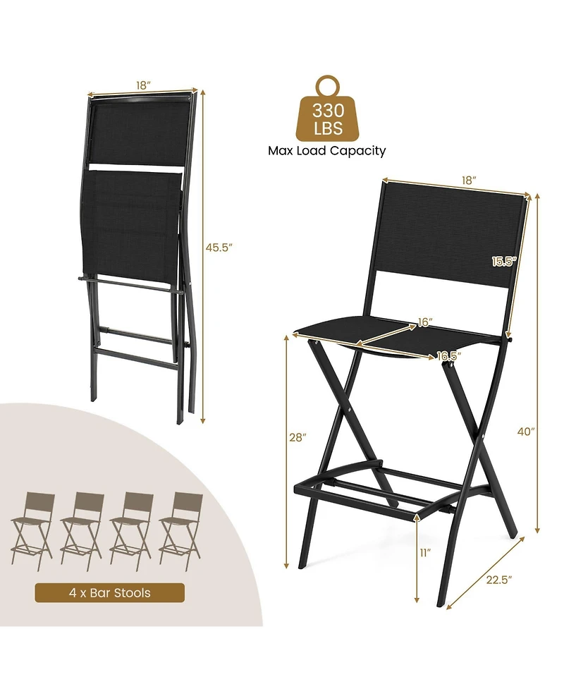 Outdoor Folding Bar Height Stool Set of 4 with Metal Frame and Footrest-Black