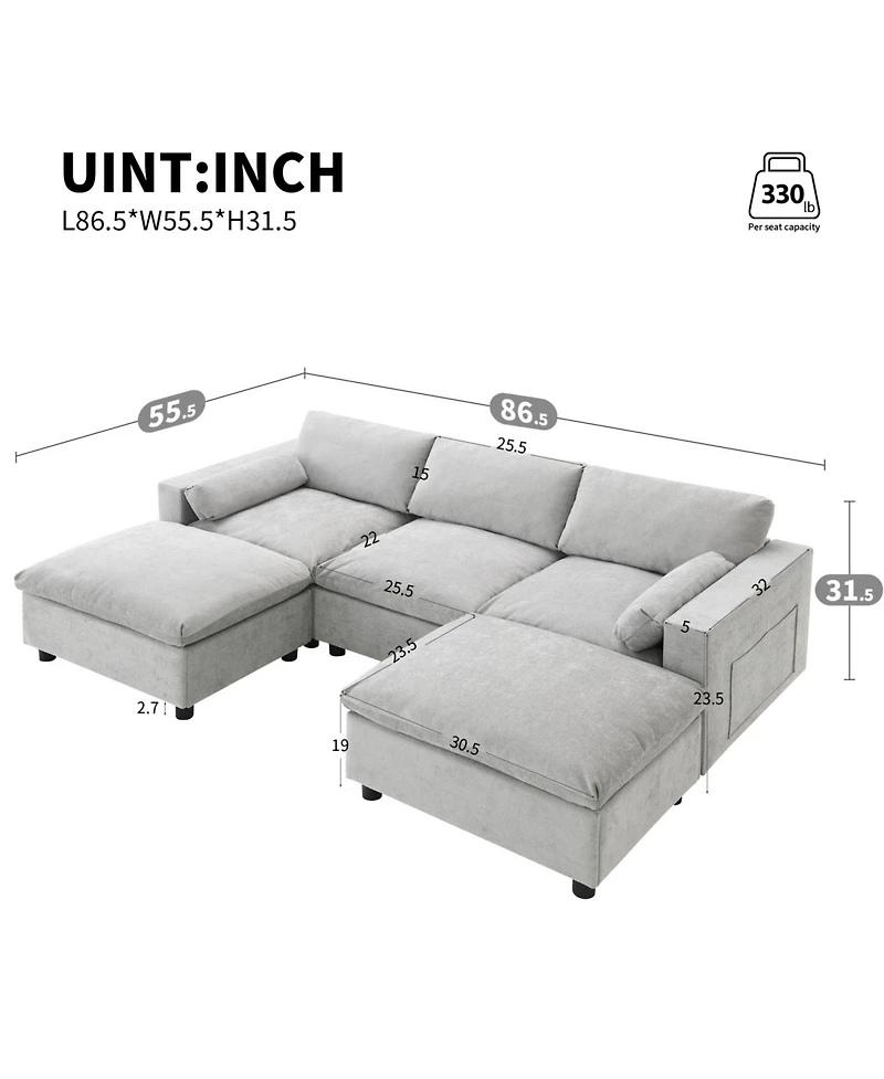 Chenille Modular Sectional Sofa with Ottomans & Pillows