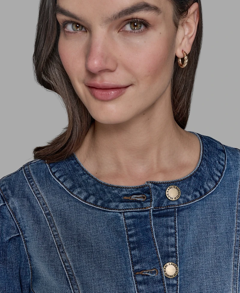 Karl Lagerfeld Paris Petite Crewneck Button-Front Denim Jacket