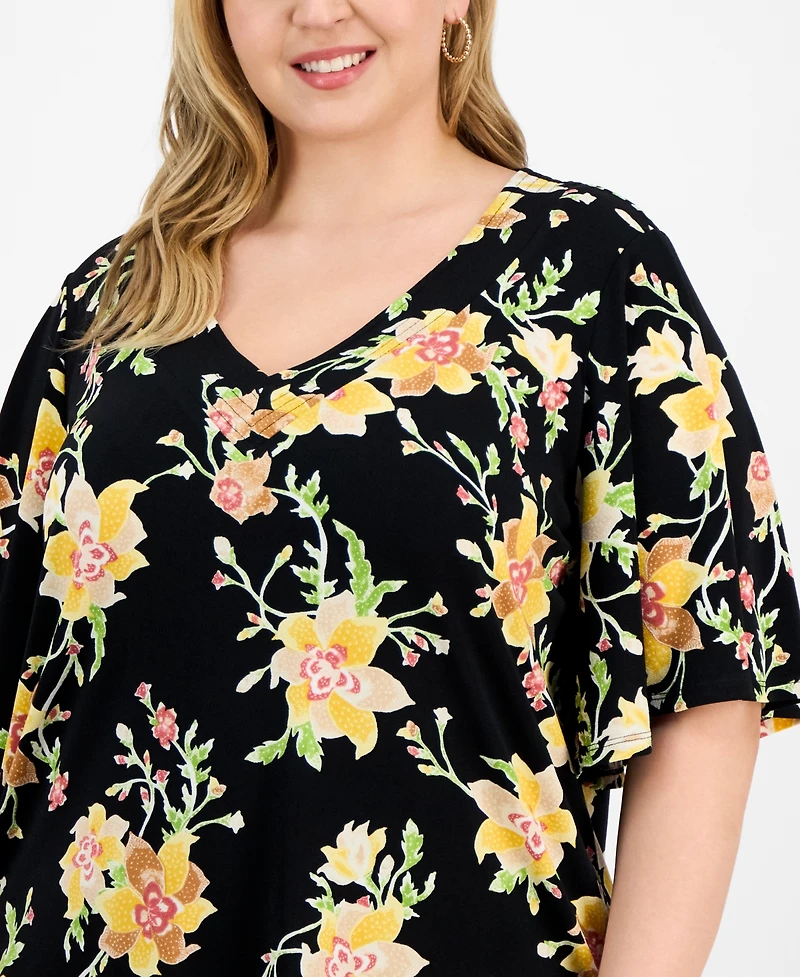 Jm Collection Plus Printed Flared-Sleeve V-Neck Top, Exclusively at Macy's