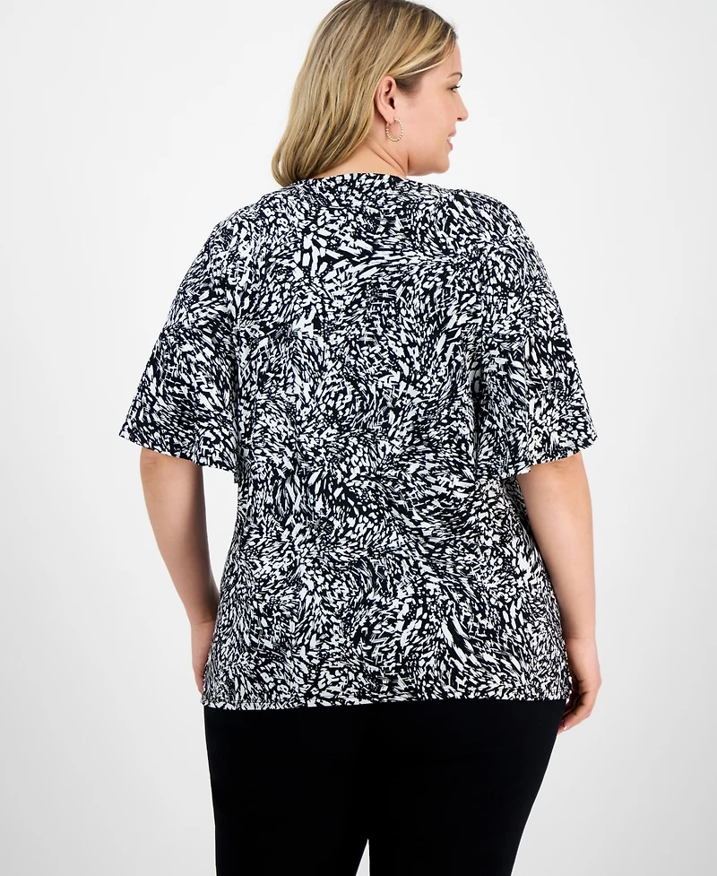 Jm Collection Plus Printed Flared-Sleeve V-Neck Top, Exclusively at Macy's