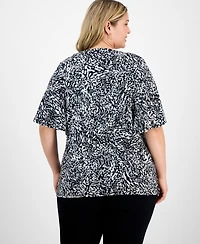 Jm Collection Plus Printed Flared-Sleeve V-Neck Top, Exclusively at Macy's