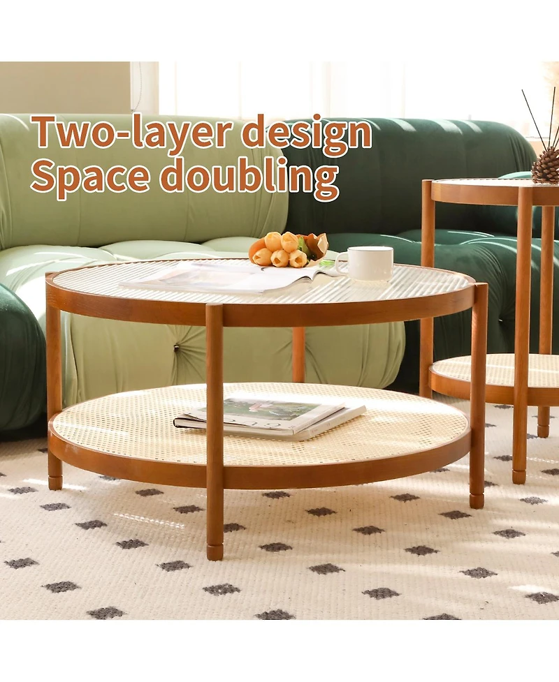 2-Piece Modern Farmhouse Living Room Coffee Table Set, Stylish and Elegant Nesting Round Wooden Table,Side End table set for Living Room,Bedroom