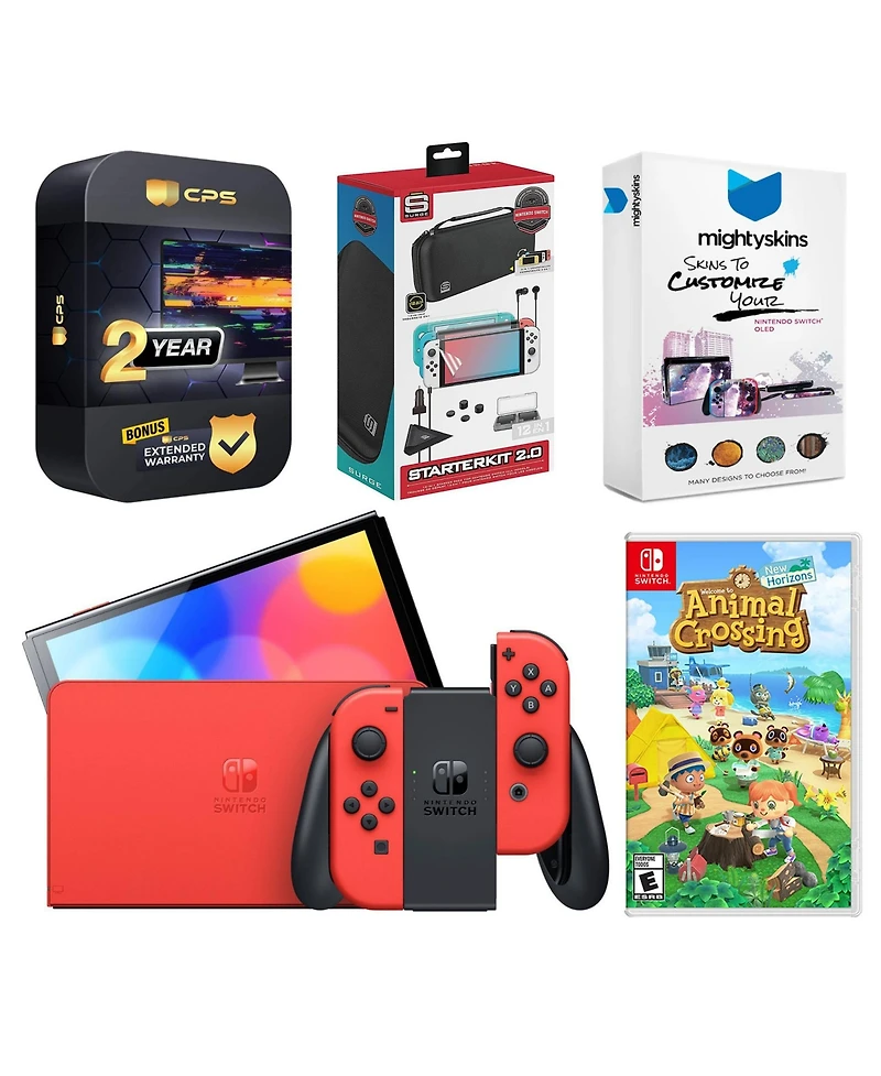 Nintendo Switch Oled Mario Red Edition with Animal Crossing: New Horizons, Surge 12-in-1 Accessory Starter Kit 2.0, MightySkins Console and Controller