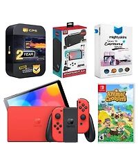Nintendo Switch Oled Mario Red Edition with Animal Crossing: New Horizons, Surge 12-in-1 Accessory Starter Kit 2.0, MightySkins Console and Controller