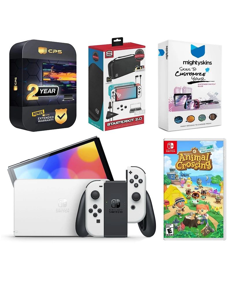 Nintendo Switch White Oled Console with Animal Crossing: New Horizons, Surge 12 in 1 Accessory Starter Kit 2.0, MightySkins Console and Controller Ski