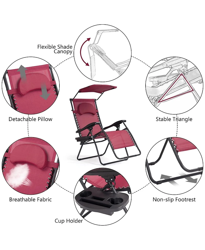 Gymax Folding Recliner Zero Gravity Lounge Chair W/ Shade Canopy Cup Holder