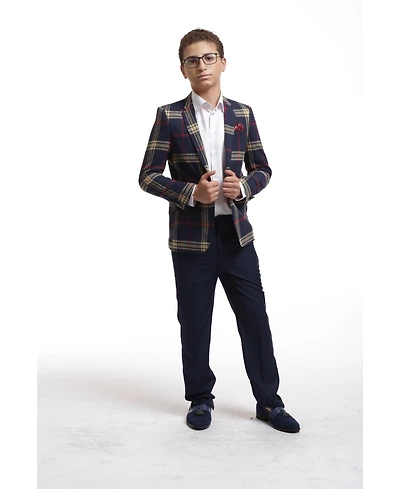 Elie Balleh Boys Navy Slim Fit Classic Plaid Blazer