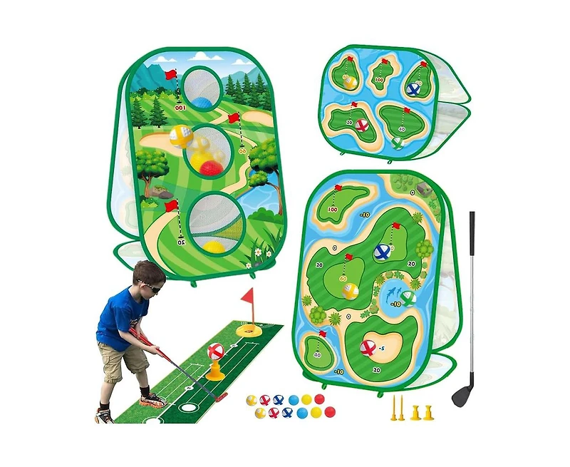 Titqwop 4-in-1 Sticky Golf Games Set for Kids & Adults – Golf Putting Mat, Chipping Net, Cornhole Board & Retractable Club | Indoor/Outdoor Pra