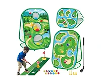 Titqwop 4-in-1 Sticky Golf Games Set for Kids & Adults – Golf Putting Mat, Chipping Net, Cornhole Board & Retractable Club | Indoor/Outdoor Pra