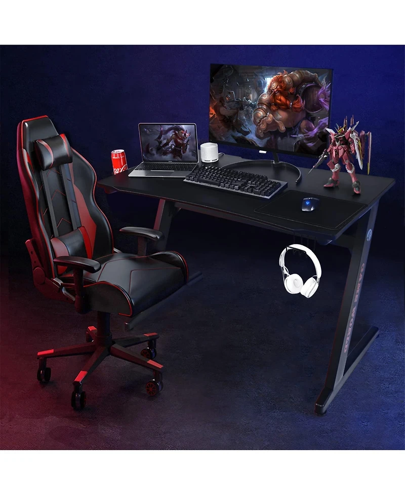 45.5 Gaming Desk, Z Shaped Racing Game Table with Carbon Fiber Surface, Mouse Mat, Headphone Hook, Cup Holder, Game Handle Rack, Ergonomic Home Office