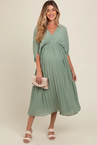 Pinkblush Maternity Light Olive Pleated V Neck Maxi Dress