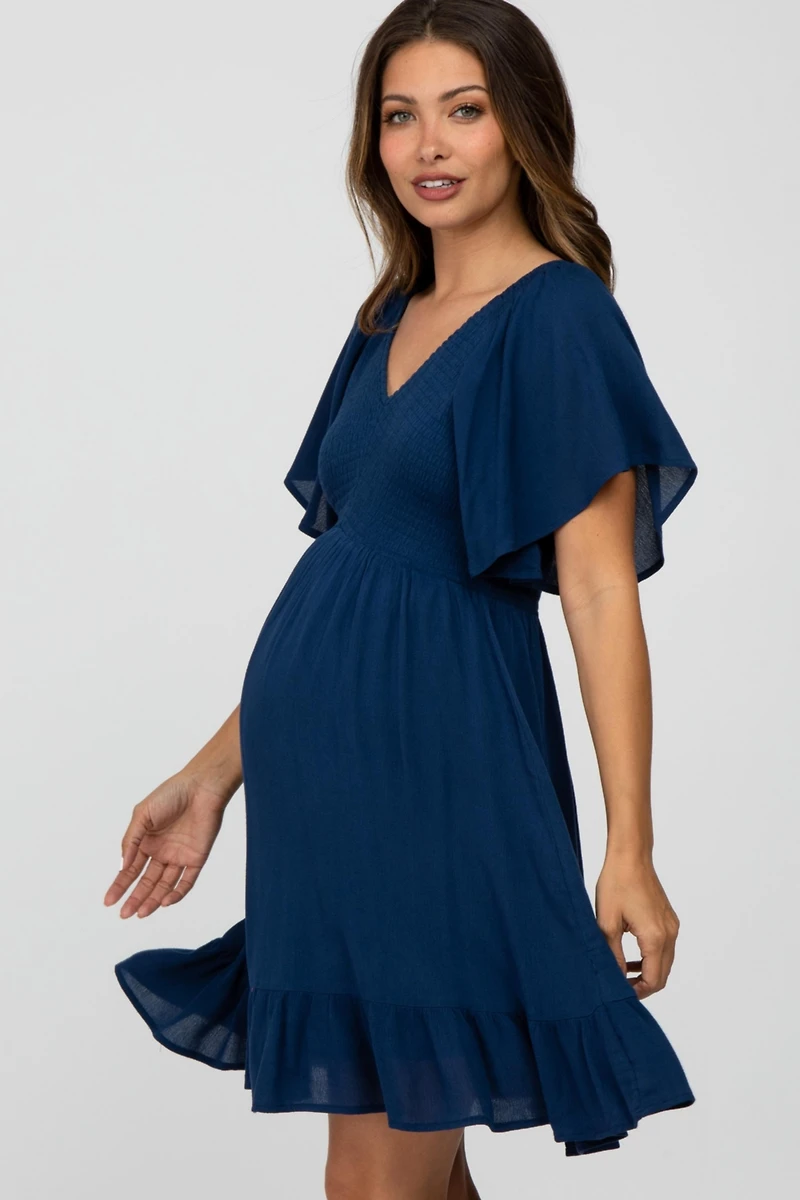 Pinkblush Maternity Navy Blue Smocked Front Ruffle Hem Dress