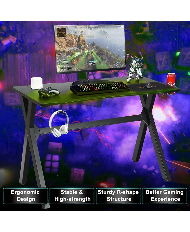Ergonomic Gaming Desk with Mousepad and Cup Headphone Holder