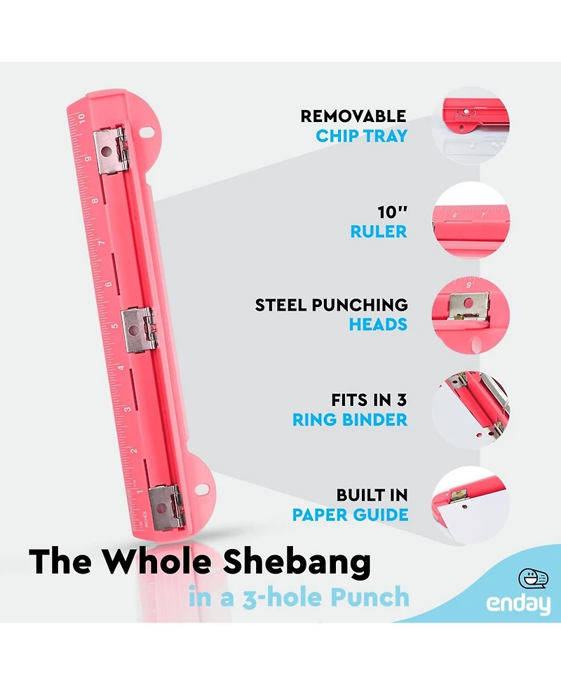 3 Hole Punch Pink, Portable Puncher for Ring Binder, Sheets Capacity, Removable Chip Tray, 10” Ruler School, Office, 1 Pc-by Enday