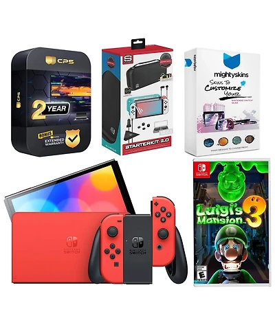 Nintendo Switch Oled Mario Red Edition with Luigi s Mansion 3, Surge Accessory Gaming Kit, MightySkins Console and Controller Skin Voucher and 2 Year