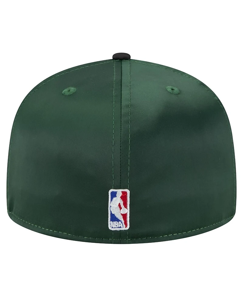 New Era Men's Hunter Green/Black Milwaukee Bucks Throwback Satin Vintage Pin Two-Tone 59FIFTY Fitted Hat