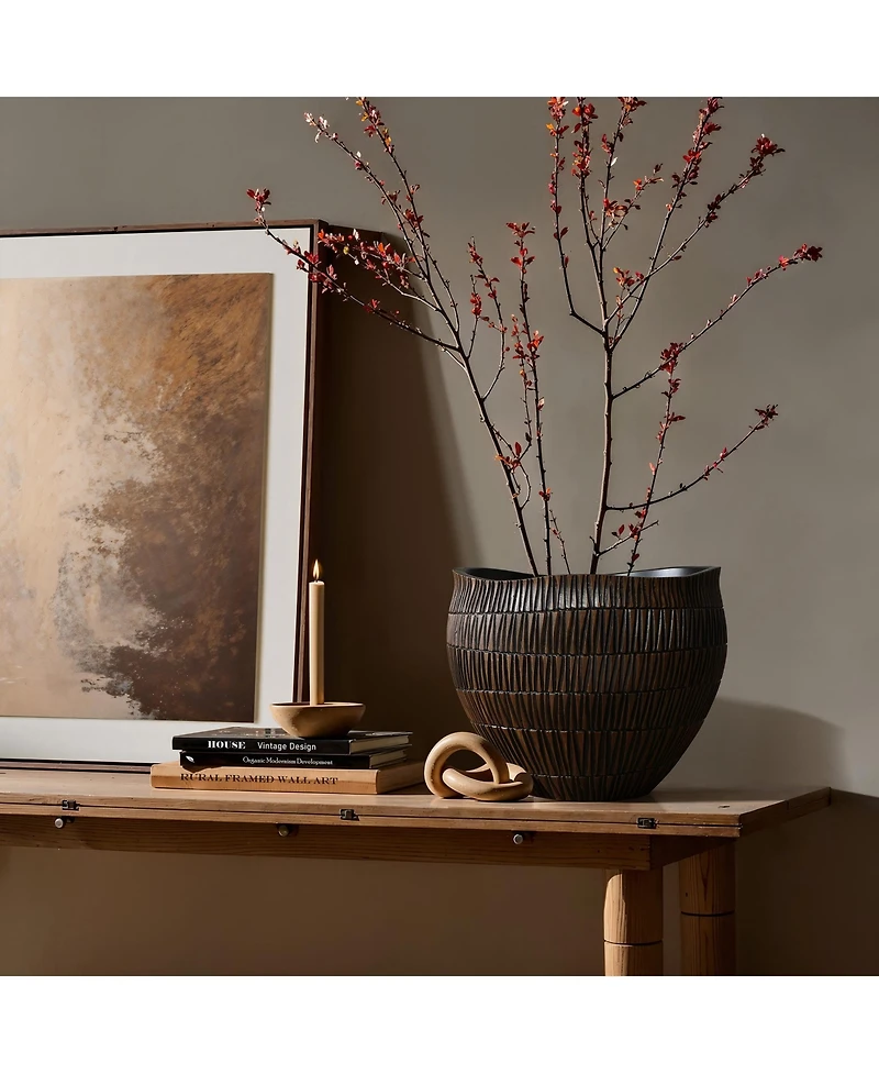 LuxenHome Brown with Black V-Pattern Polyresin -Inch Round Planter