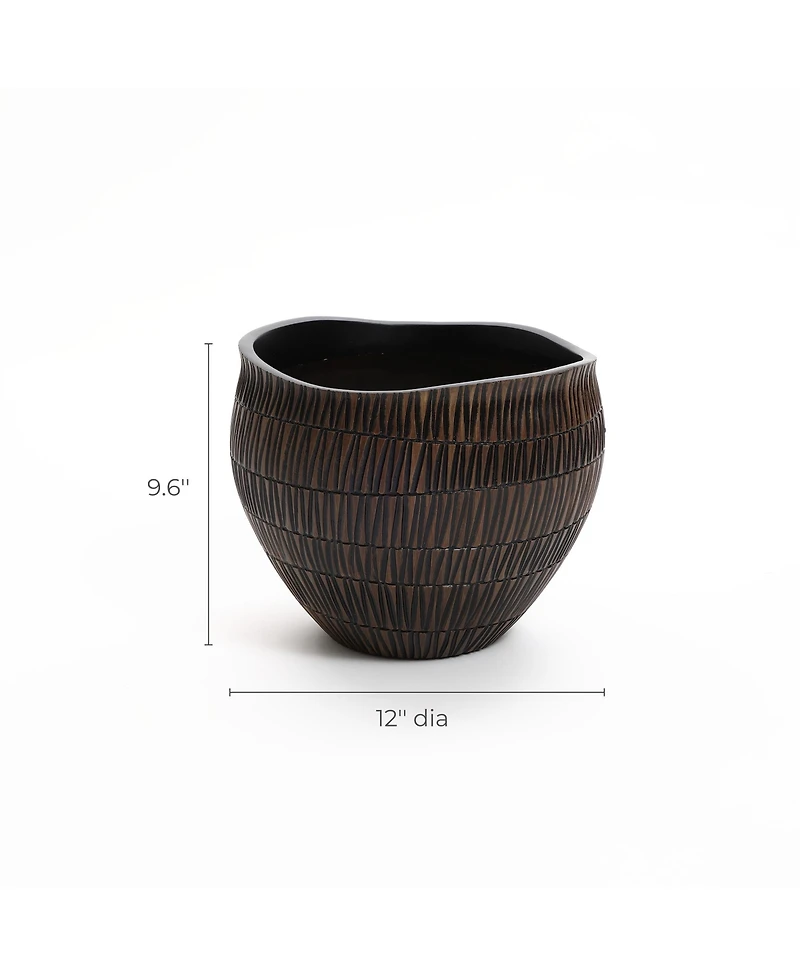 LuxenHome Brown with Black V-Pattern Polyresin -Inch Round Planter