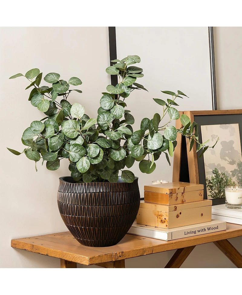 LuxenHome Brown with Black V-Pattern Polyresin -Inch Round Planter
