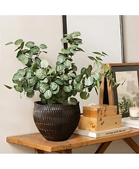 LuxenHome Brown with Black V-Pattern Polyresin -Inch Round Planter