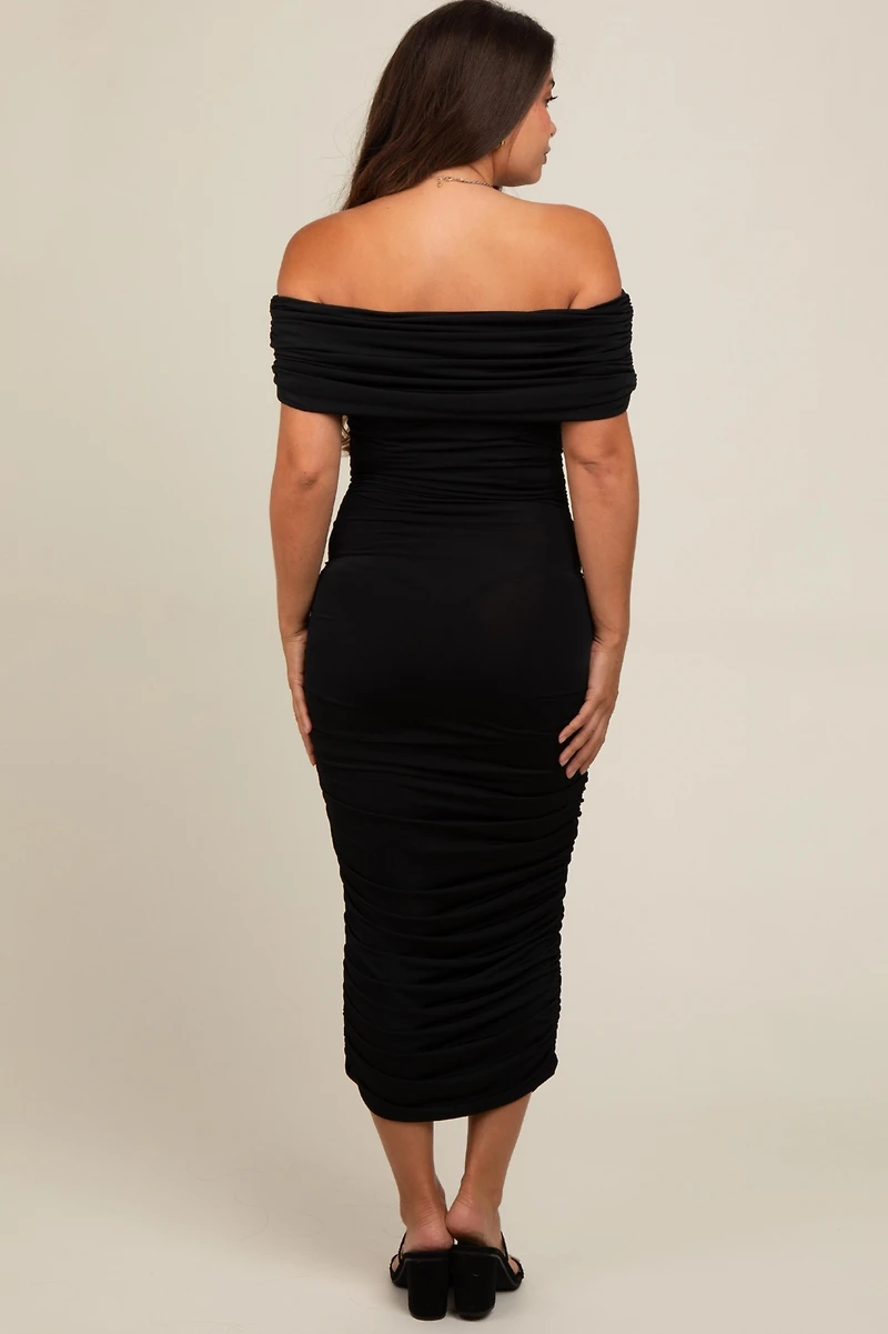 Pinkblush Maternity Black Off Shoulder Ruched Midi Dress