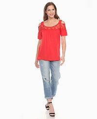 White Mark Women's Cold Shoulder Lace Trim Knit Top