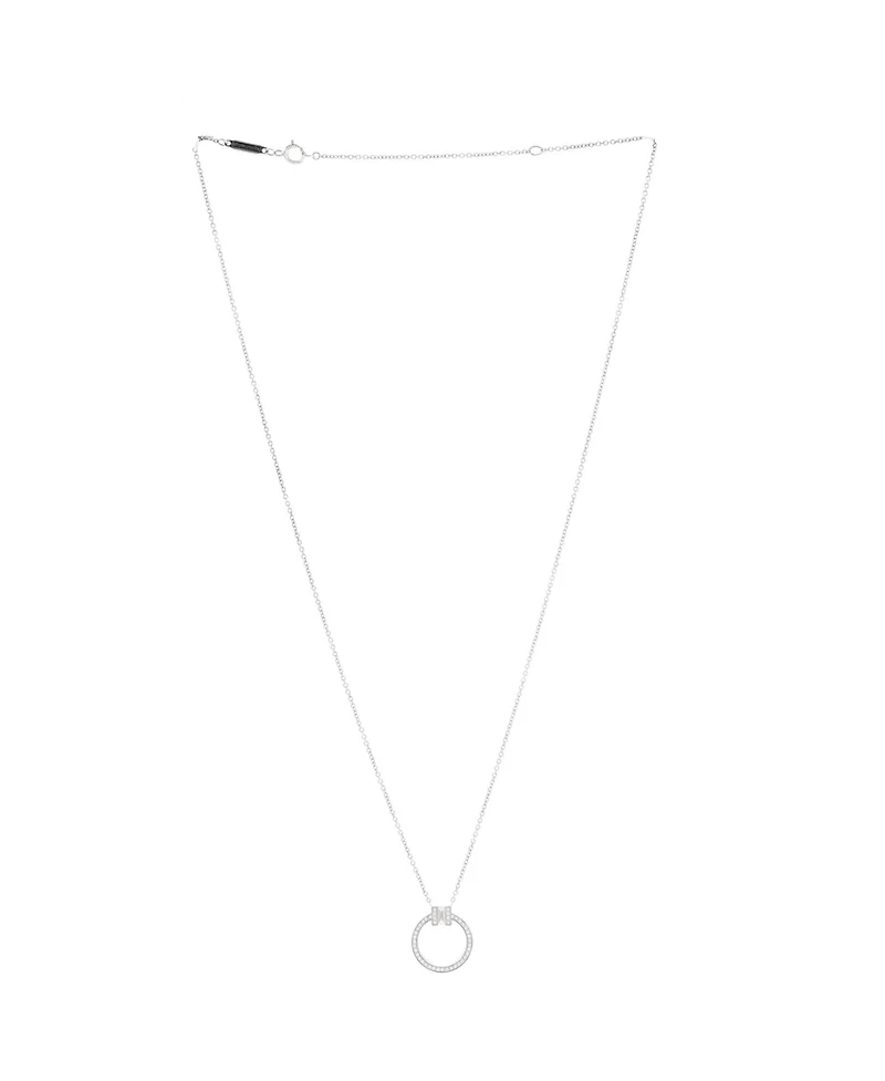 Pre-Owned Tiffany & Co. Small T Circle Pendant Necklace 18K White Gold with Diamonds and Center Baguette Diamond