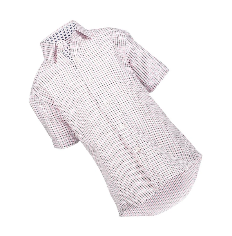 Elie Balleh Little Boys Red Short Sleeve Navy Tattersal Slim Fit Shirt