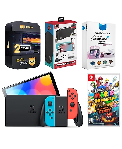Nintendo Switch Neon Red & Blue Oled Console with Super Mario 3D World + Bowser s Fury, Surge Accessory Gaming Kit, MightySkins Console and Controller