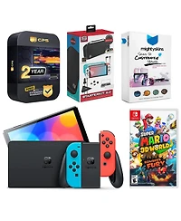 Nintendo Switch Neon Red & Blue Oled Console with Super Mario 3D World + Bowser s Fury, Surge Accessory Gaming Kit, MightySkins Console and Controller