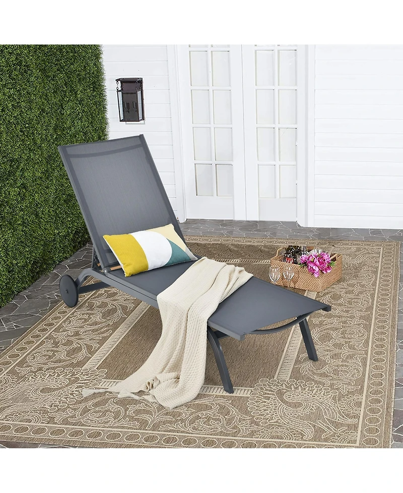 Gymax Set of 2 Patio Chaise Lounge Chair Aluminum Adjustable Recliner w/ Wheels