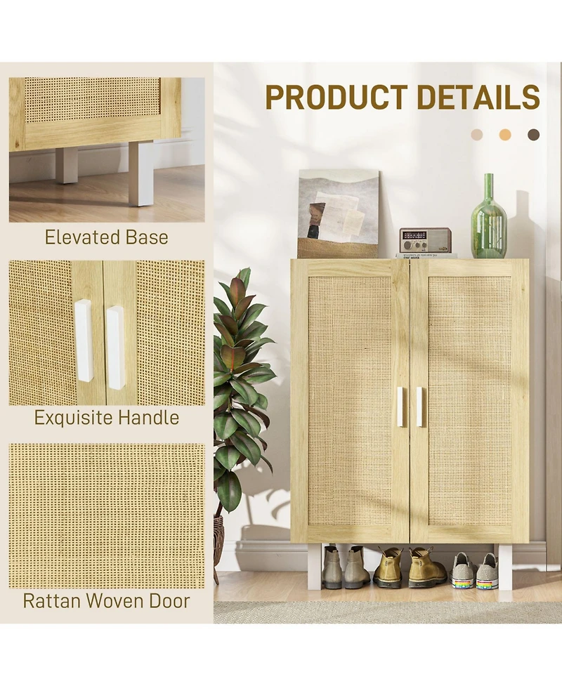 Sideboard Buffet Cabinet, Kitchen Cabinet, Coffee Bar Cabinet with 2 Rattan Doors and Adjustable Shelves, White and Natural