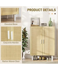 Sideboard Buffet Cabinet, Kitchen Cabinet, Coffee Bar Cabinet with 2 Rattan Doors and Adjustable Shelves, White and Natural