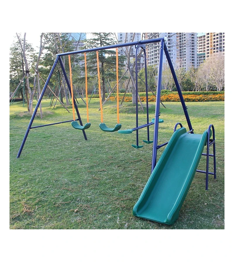 Heavy Duty A-Frame Metal Swing Set with Slide, 2 Weather-Resistant Seats, Easy Assembly, Perfect for Kids Ages 3-8