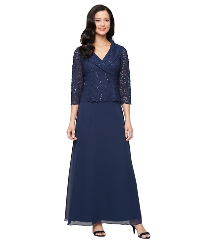 Alex Evenings Women's 3/4-Sleeve Lace A-Line Dress