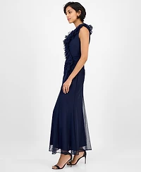 Alex Evenings Petite Ruffled V-Neck Sleeveless Mesh Gown