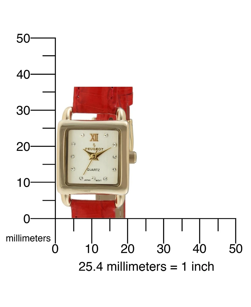 Peugeot Women's 20mm Square Watch with Glossy Red Leather Strap