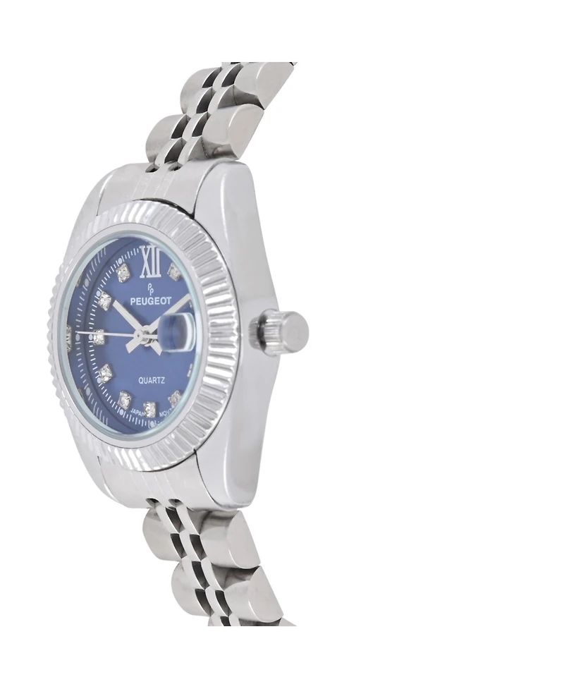 Peugeot Women's Silver-Tone 25mm Fluted Bezel Steel Bracelet Watch with Blue Dial