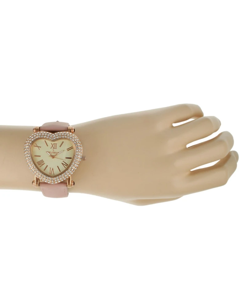Peugeot Women's Heart Shaped Rose Gold Crystal Watch with Pink Suede Strap