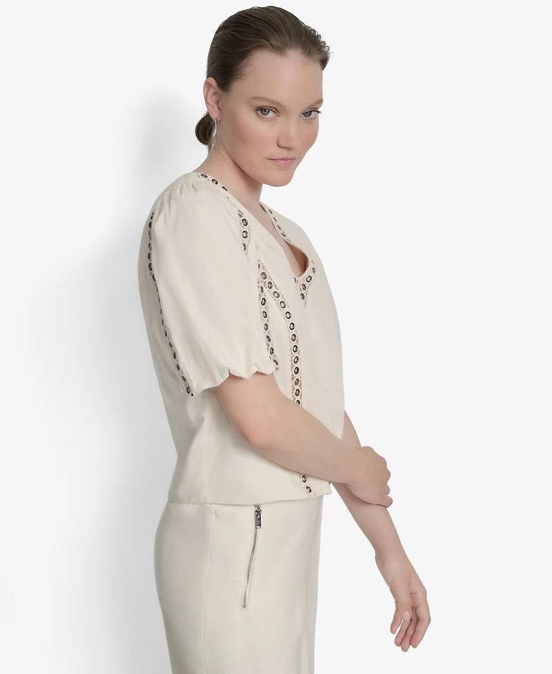 Dkny Women's Cotton Grommet-Trim Puffed-Sleeve Top