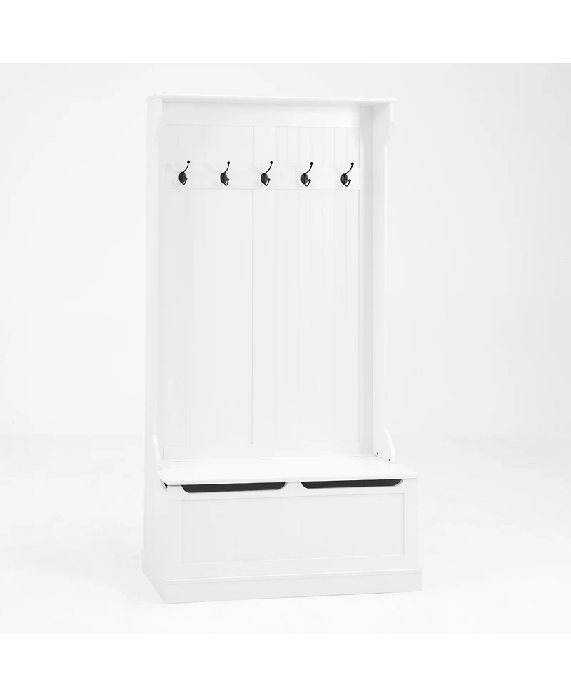 Entryway Bench with Coat Rack, Shoe Storage, & Hooks - White