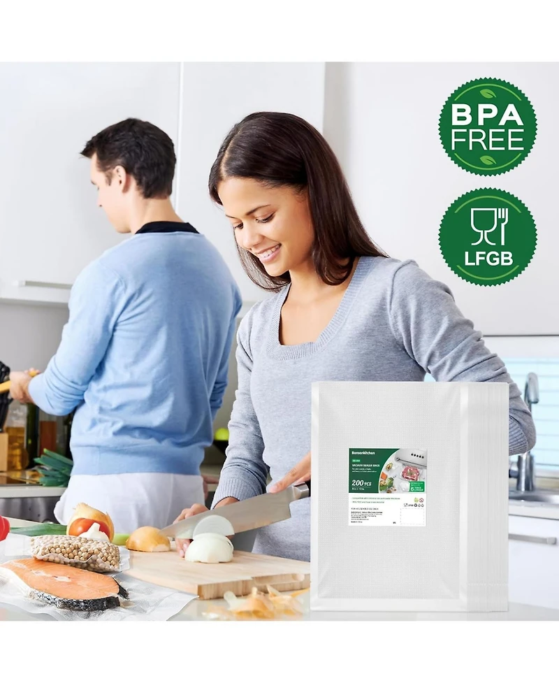 Bonsenkitchen Precut Vacuum Sealer Bags 200 Quart 8" x 12", Bpa Free, Commercial Grade Textured Food Vacuum Sealer Bag, Thick Embossed Bags
