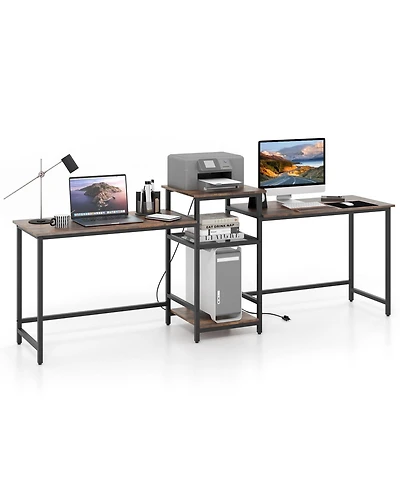 2-Person Computer Desk with Power Outlet and Printer Stand