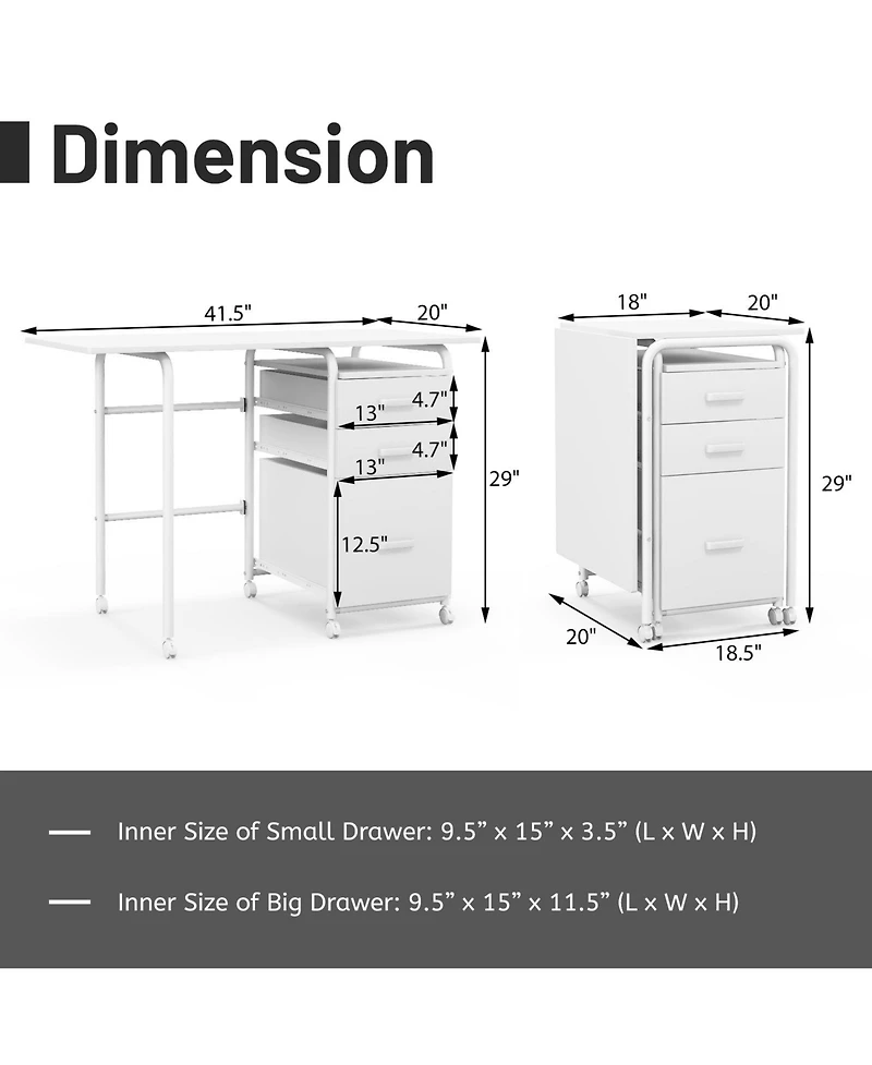 Home Office Folding Computer Laptop Desk Wheeled with 3 Drawers