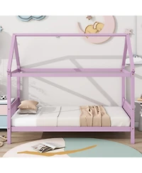 Twin House Bed with Headboard and Footboard, Twin Rubber Wood Bed with House Frame,Pink