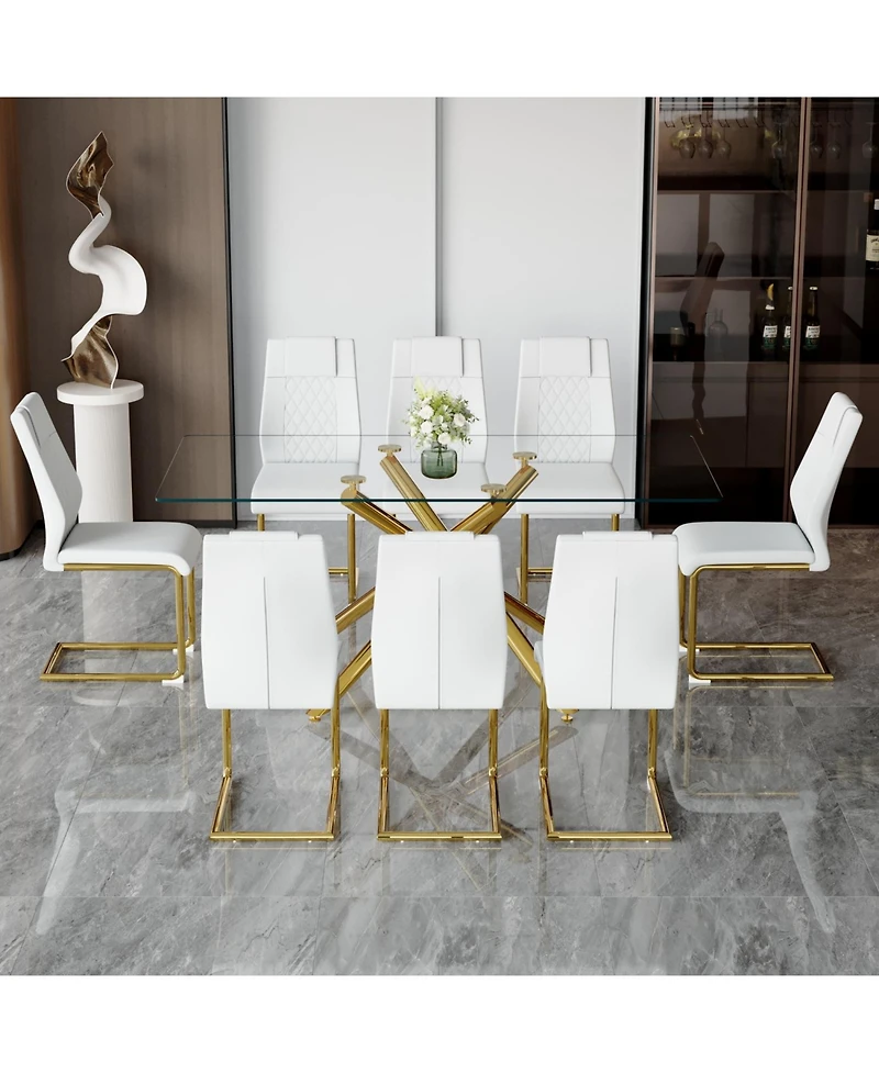 Streamdale Luxurious Glass Dining Set Glass Table & 8 Golden-Legged Pu Chairs