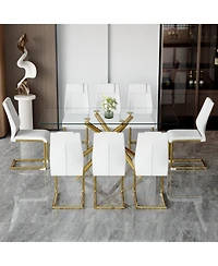 Streamdale Luxurious Glass Dining Set Glass Table & 8 Golden-Legged Pu Chairs
